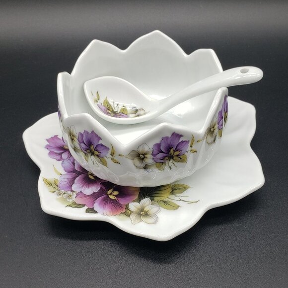 Inspiration Earthenware Purple White Pansies 3pc Condiment Set - Picture 8 of 11